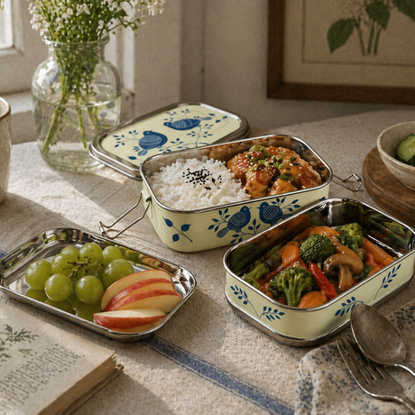 Three metal lunch boxes with food on a table with a vase and window in the background.