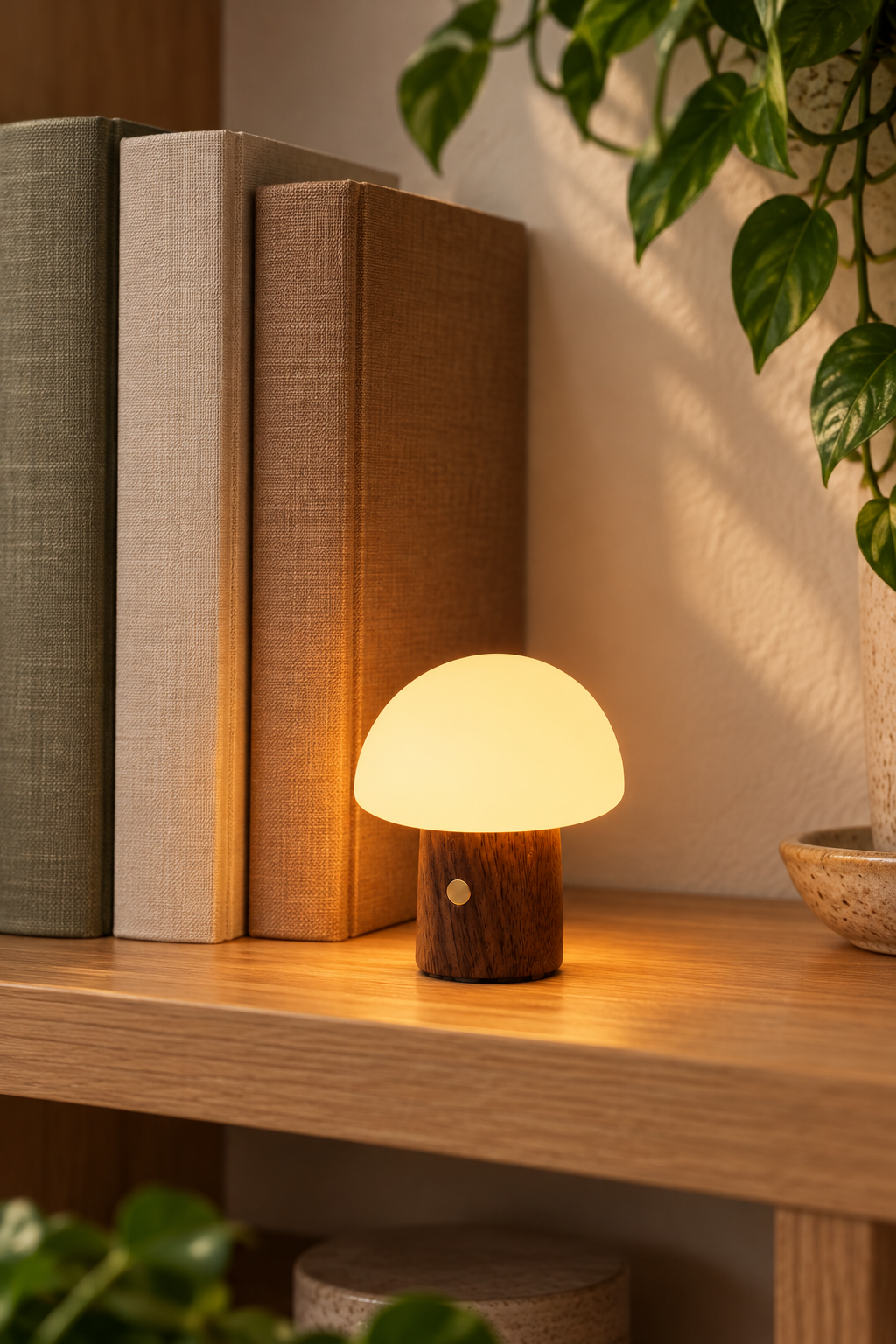 Super Mini Alice Mushroom Lamp in Walnut glowing warm white on an oak bookshelf beside linen-bound books