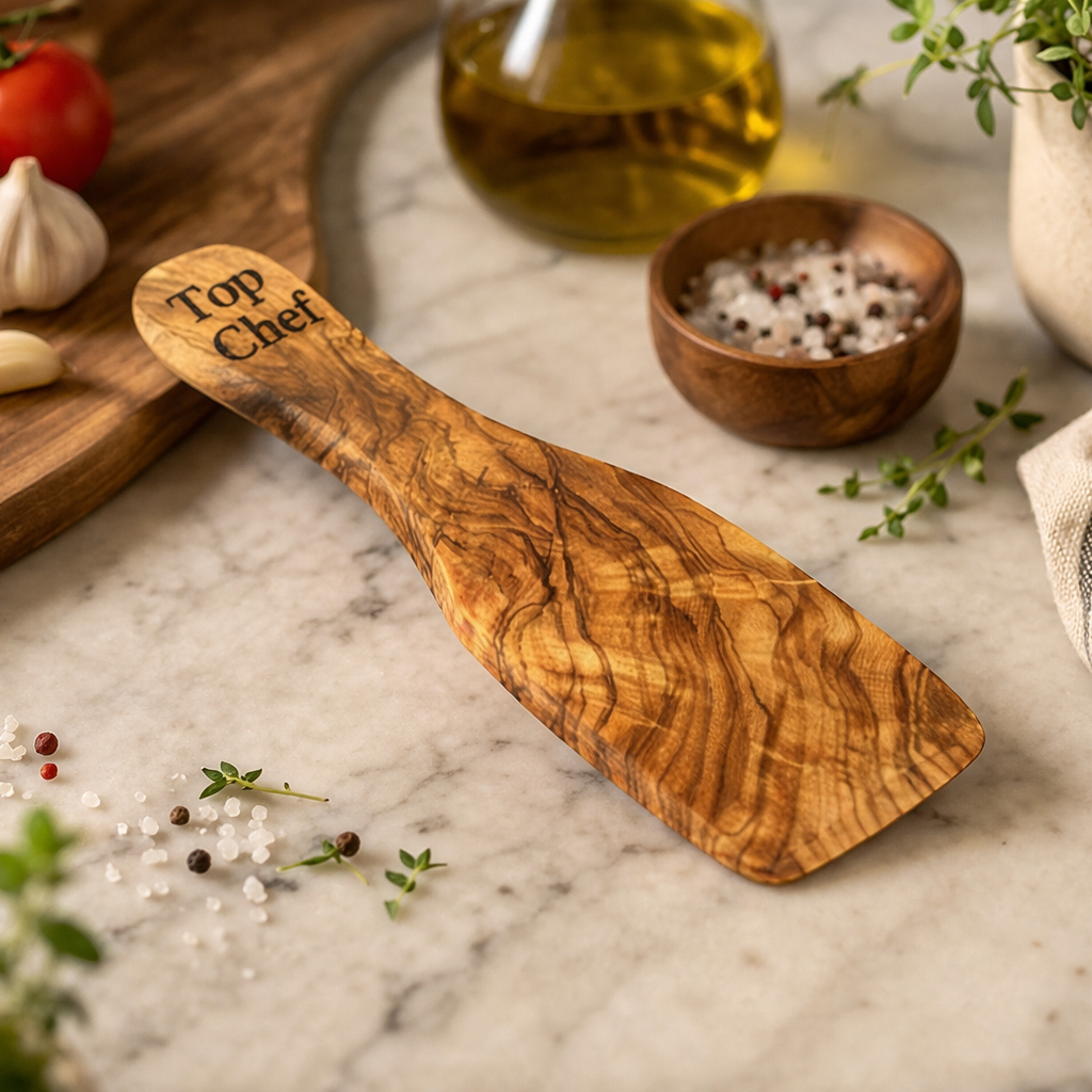 Wooden spatula with 'Top Chef' text on a marble surface with kitchen items.