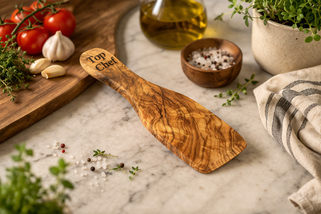 Olive Wood Raclette Spatula – Small Wooden Serving Spatula (13cm) with Optional Personalised Engraving