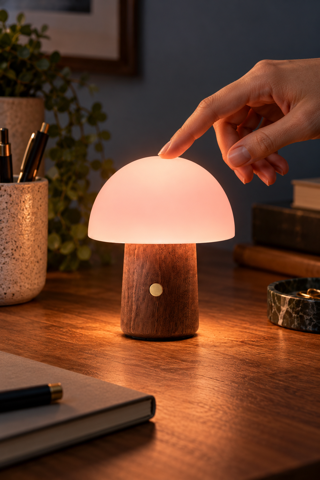 Close-up of the Mini Alice Mushroom Lamp’s Walnut grain and copper touch button