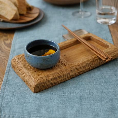 wooden tray with a blue bowl