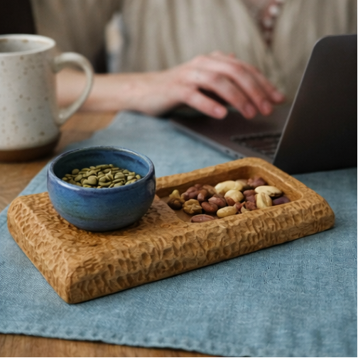 wooden tray with a blue bowl 