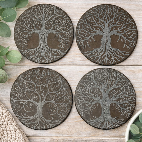 Four embossed leather tree of life coasters on a wooden surface with greenery.