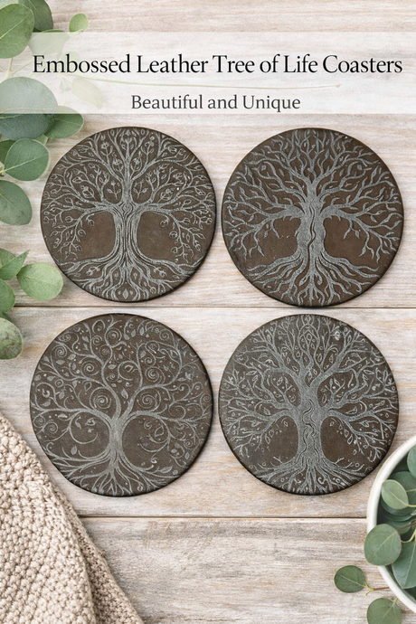 Four embossed leather tree of life coasters on a wooden surface with greenery.
