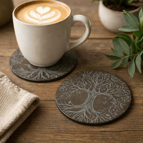 Cappuccino in a white mug on a wooden table with leather tree-patterned coasters.