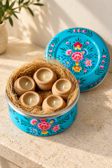 Candle Gift Set in a Hand-Painted Blue Tin – 5 Clay Pot Candles