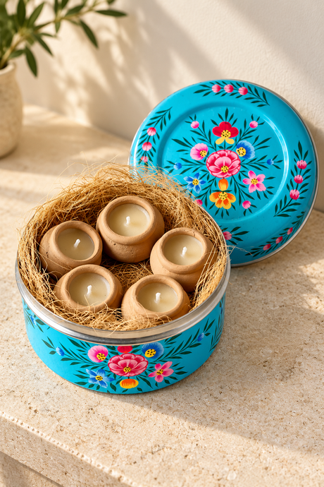 Candle Gift Set in a Hand-Painted Blue Tin – 5 Clay Pot Candles