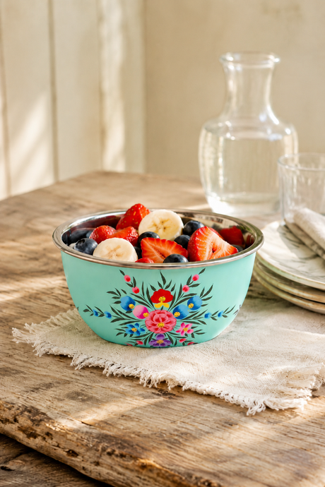 Turquoise bowl with floral design filled with fruit on a wooden table