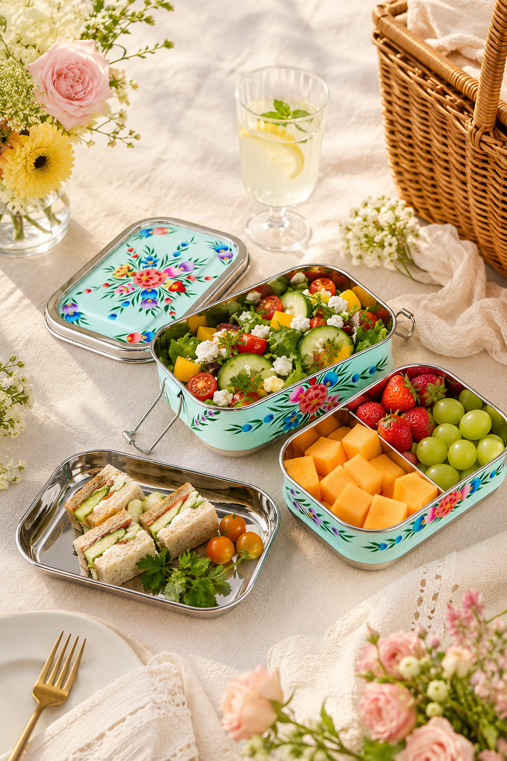 Turquoise Garland Hand Painted Stainless Steel Tiffin Lunch Box
