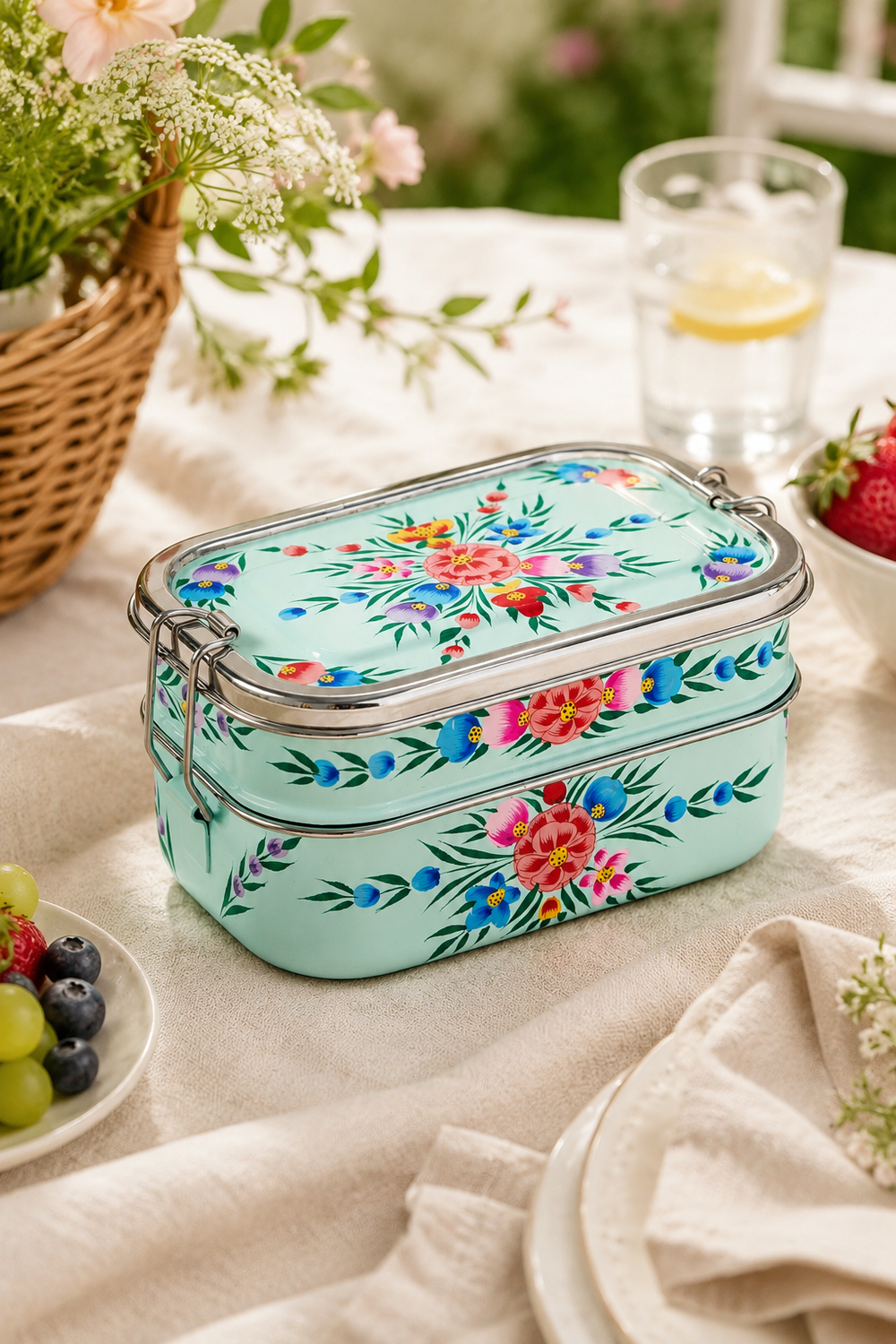 Turquoise Garland Hand Painted Stainless Steel Tiffin Lunch Box