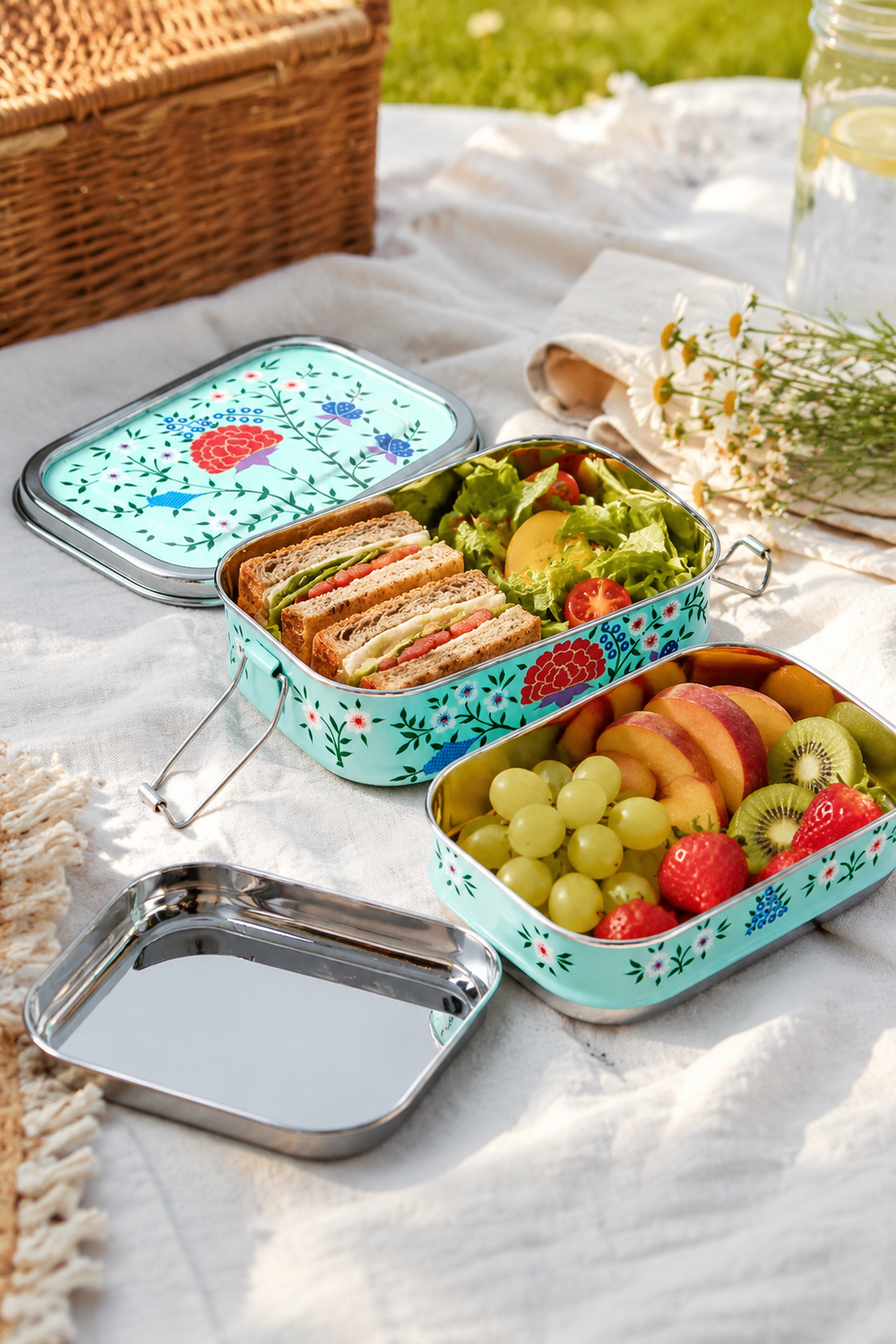 Turquoise Spring hand-painted stainless steel tiffin lunch box with three compartments