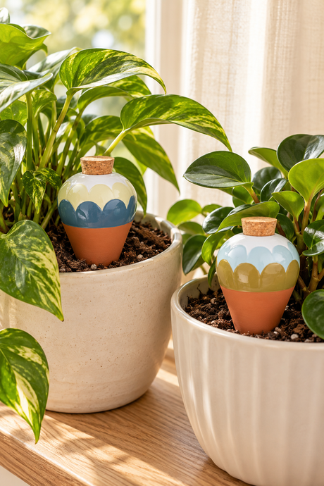 Bring a little pattern to your plant shelf with this pair of Ana Blue ceramic watering spikes. Scalloped blue, cream and olive details sit above terracotta-coloured points, finished with cork stoppers.