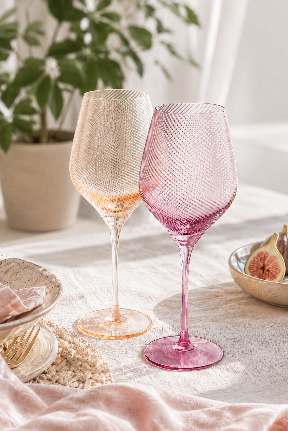 Pink and Peach twist wine glasses on a light surface with a plant in the background