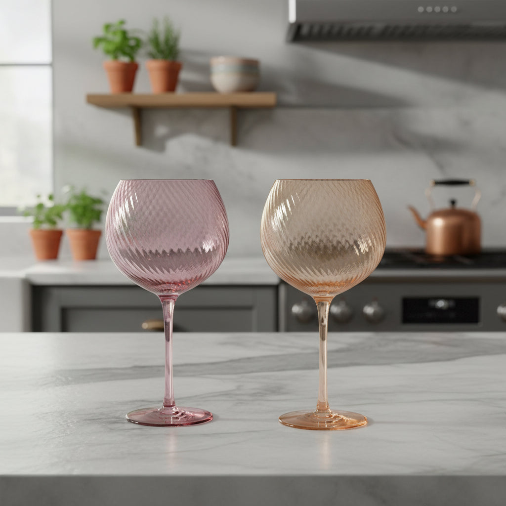 Two colourful wine glasses in a kitchen