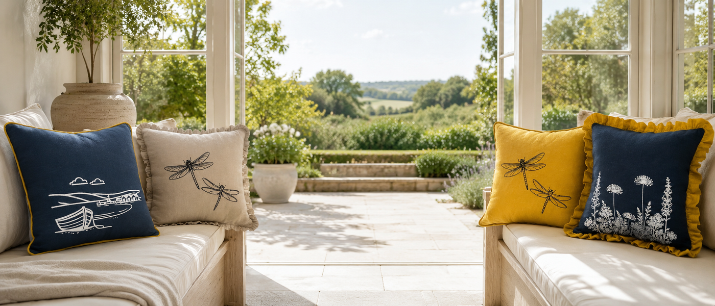 Two natural sofas with decorative cushions with hand printed coastal botanical and nature designs in a sunroom with a view of the country side on a summers day.