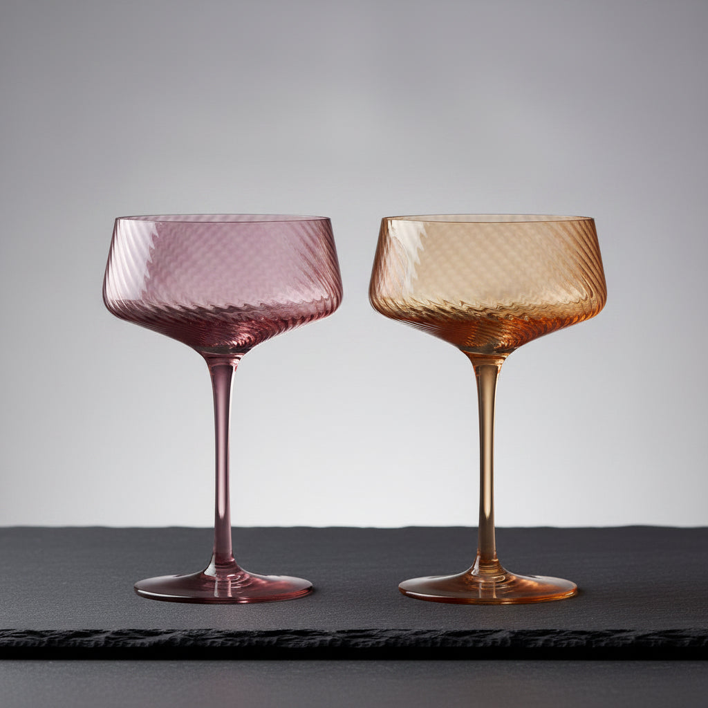 Two pink and peach-colored glass goblets 