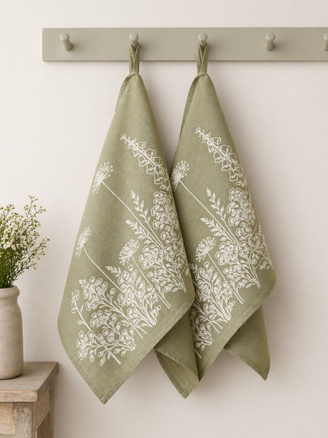 Two sage green linen tea towels with white patterns hanging on a rack against a white wall.