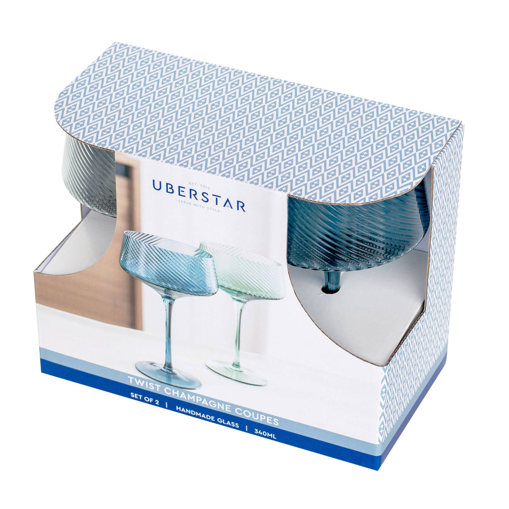 Box of Uberstar twist champagne coupes with product images on a white background