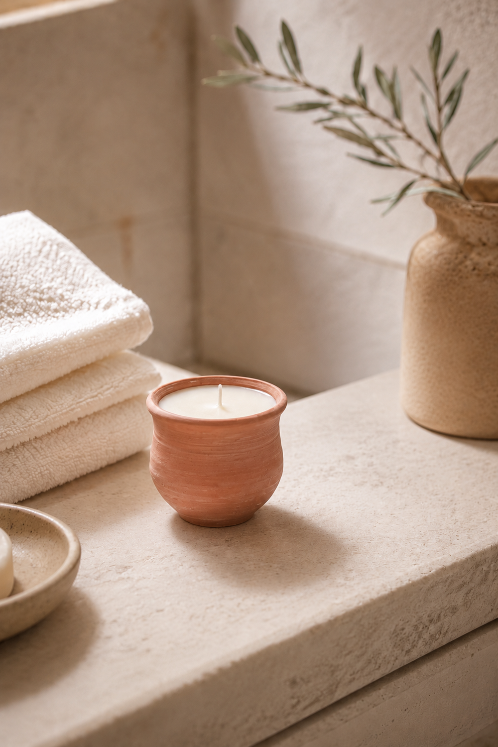 terracotta pot candle on a stone surface, next to a stack of towels and a vase with greenery.