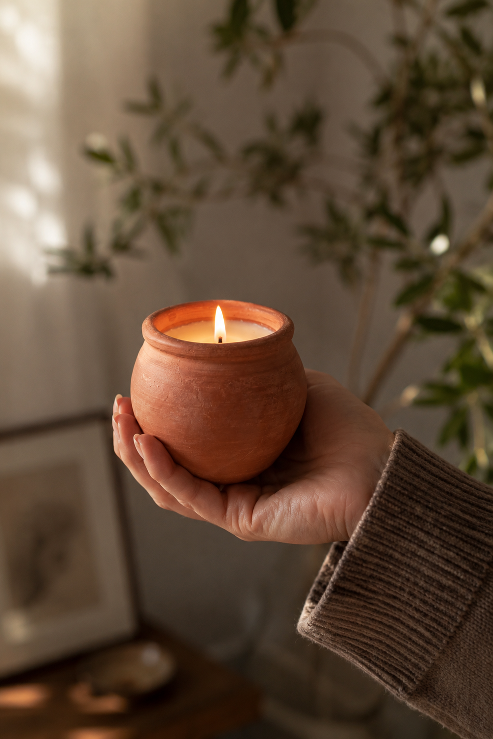 Hand holding a small terracotta pot with a candle, surrounded by plants.