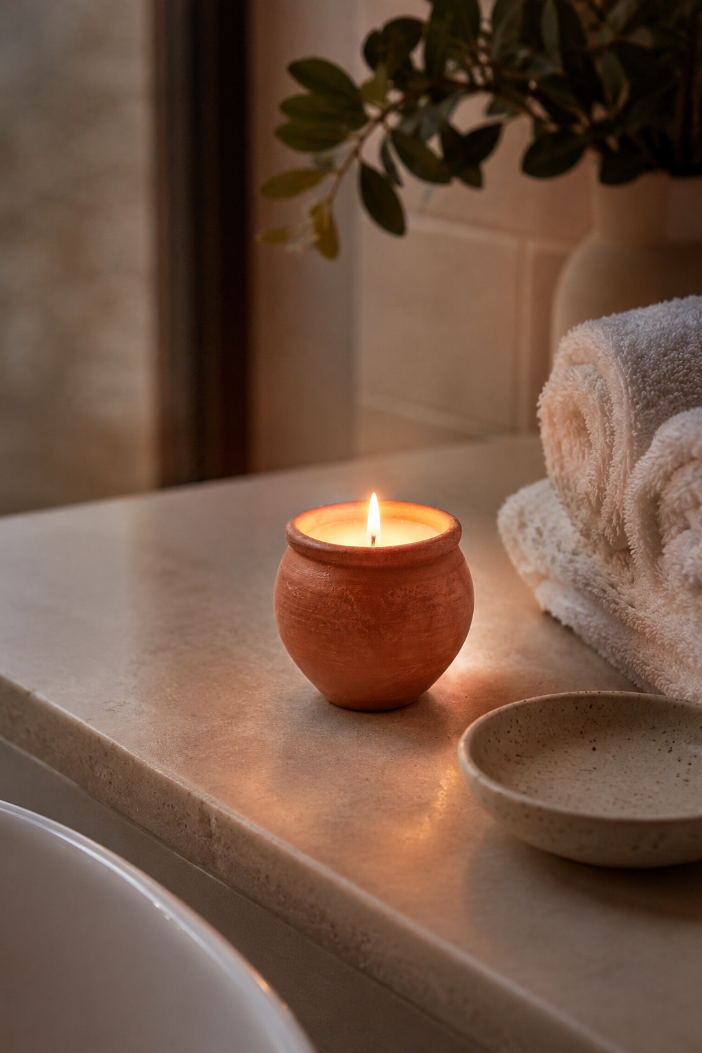 Candle in a terracotta holder on a bathroom counter with towels and a plant in the background.