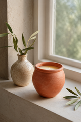 Terracotta pot with candle and vase on a windowsill with natural light