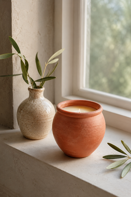 Terracotta pot with candle and vase on a windowsill with natural light
