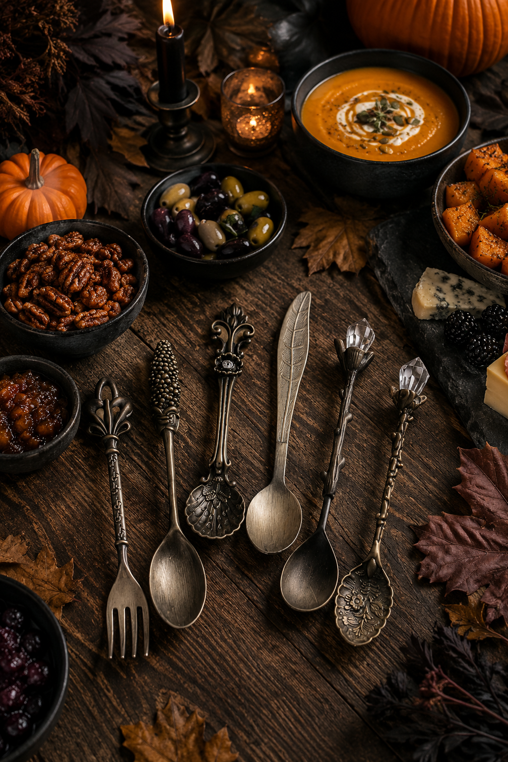 A styled autumn tabletop scene with ornate vintage-style metal serving utensils laid out on a dark wooden table, surrounded by bowls of soup, pecans, olives, bread, cheese, pumpkins, and fall leaves.