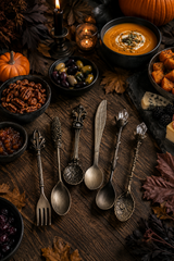 A styled autumn tabletop scene with ornate vintage-style metal serving utensils laid out on a dark wooden table, surrounded by bowls of soup, pecans, olives, bread, cheese, pumpkins, and fall leaves.