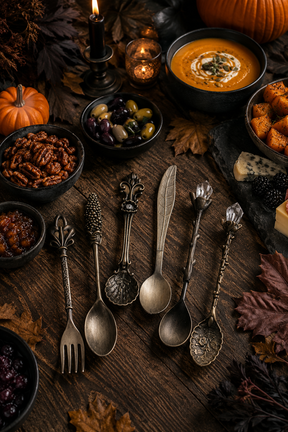 A styled autumn tabletop scene with ornate vintage-style metal serving utensils laid out on a dark wooden table, surrounded by bowls of soup, pecans, olives, bread, cheese, pumpkins, and fall leaves.