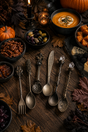 A styled autumn tabletop scene with ornate vintage-style metal serving utensils laid out on a dark wooden table, surrounded by bowls of soup, pecans, olives, bread, cheese, pumpkins, and fall leaves.