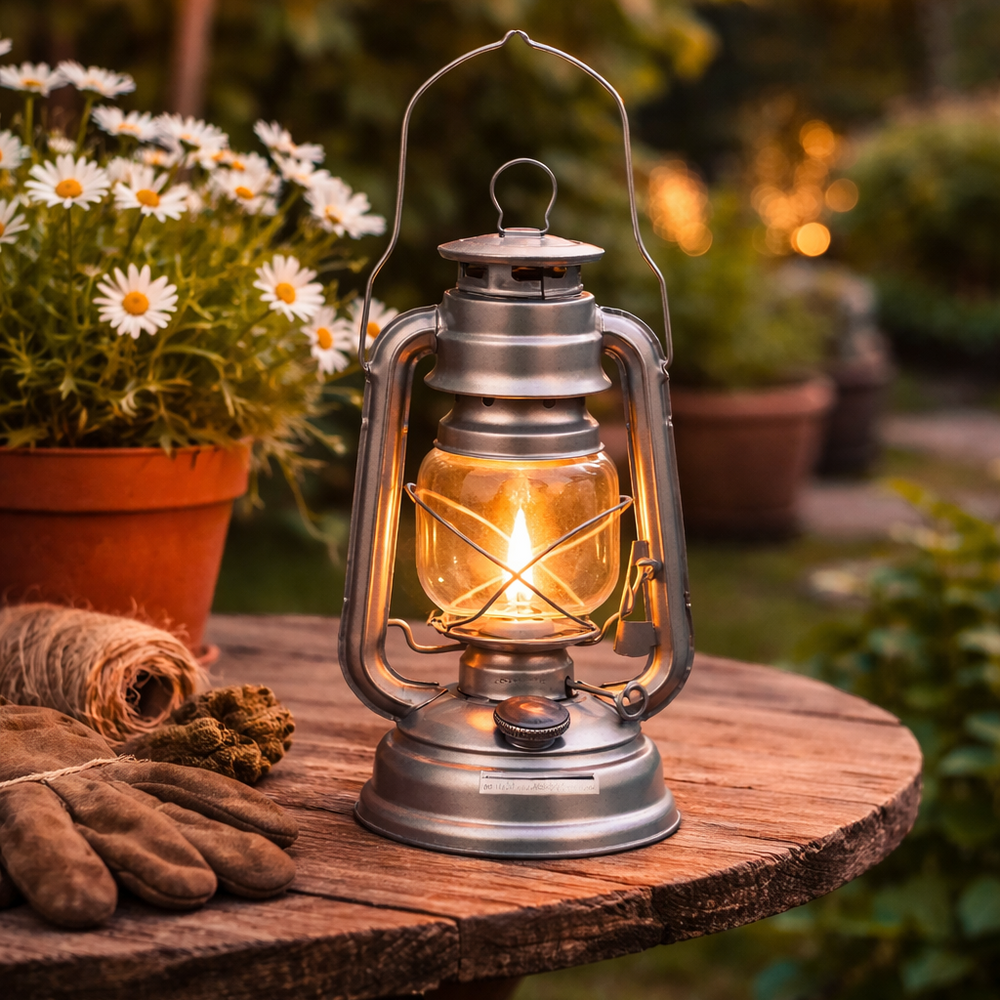 Vintage-style lantern on a wooden surface with garden elements in the background