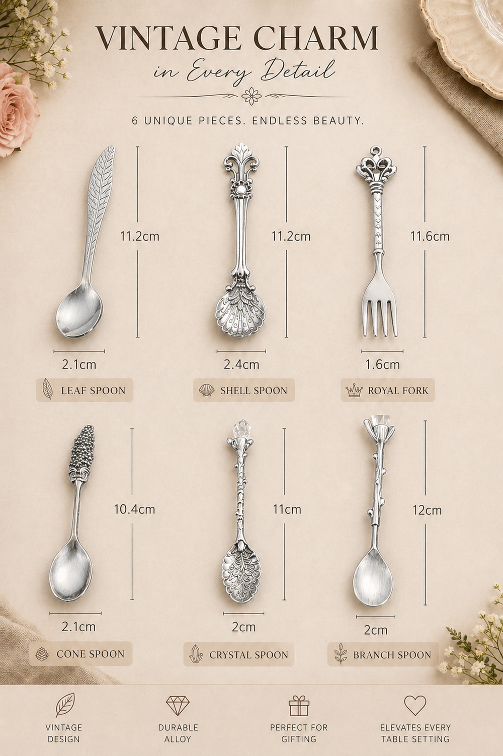 Set of vintage-style silver cutlery with measurements on a beige background