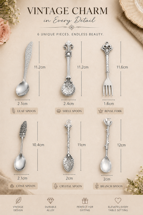 Set of vintage-style silver cutlery with measurements on a beige background