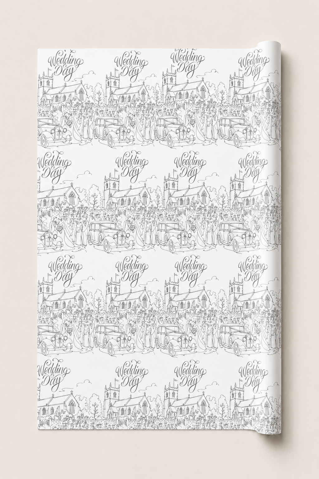 Vintage Church Wedding Wrapping Paper  white with pencil drawing