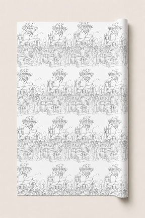 Vintage Church Wedding Wrapping Paper  white with pencil drawing