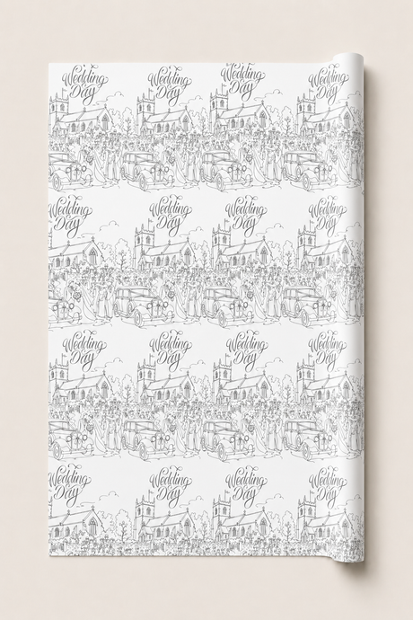 Vintage Church Wedding Wrapping Paper  white with pencil drawing