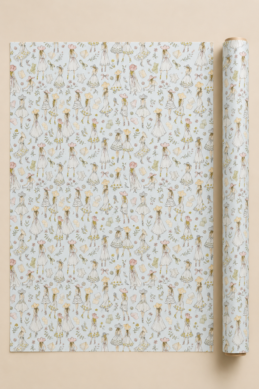 A roll of wrapping paper with a repeating pattern of Summer Dressed Girls in  illustrations on a Pastel Blue background, displayed next to a flat sheet of the same paper on a solid beige background.