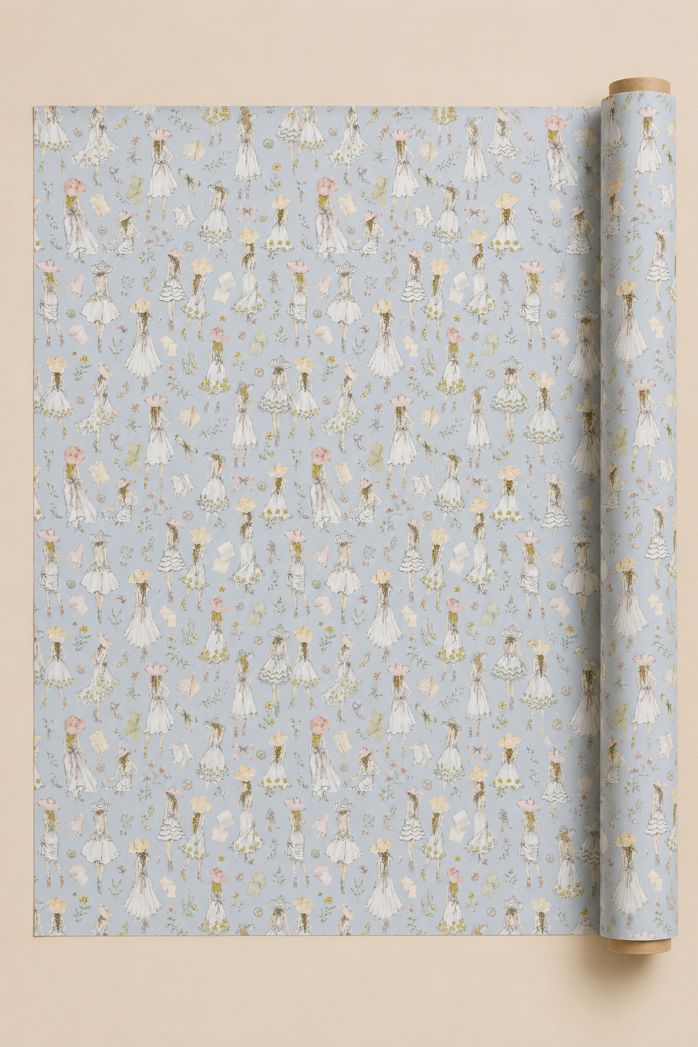 A roll of wrapping paper with a repeating pattern of Summer Dressed Girls in  illustrations on a Pastel Blue background, displayed next to a flat sheet of the same paper on a solid beige background.