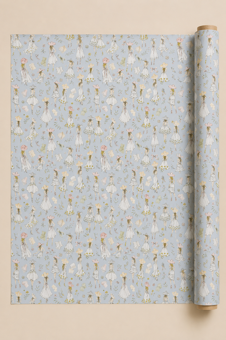 A roll of wrapping paper with a repeating pattern of Summer Dressed Girls in  illustrations on a Pastel Blue background, displayed next to a flat sheet of the same paper on a solid beige background.