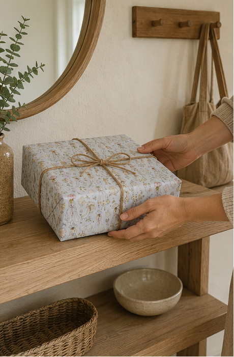 A person's hands are shown wrapping a square gift box in light beige paper with a delicate Vintage Fashion Sketch Wrapping Paper in Pastel Blue and tied with a natural jute twine bow, set on a rustic wooden shelf.