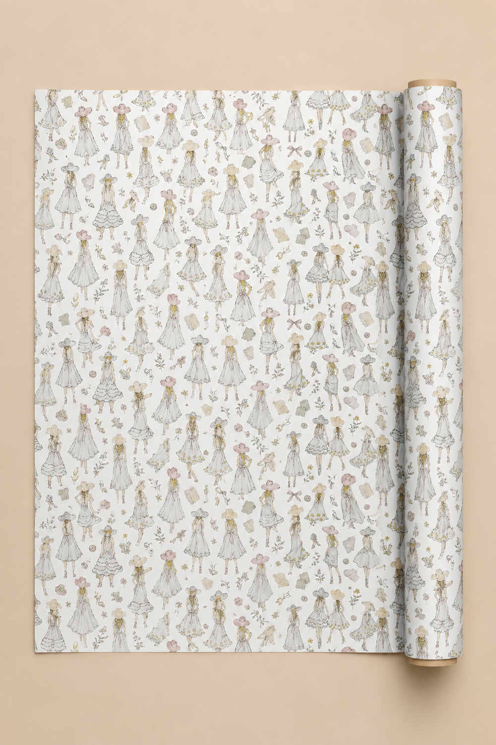 A roll of wrapping paper unrolled to show a repeating pattern of small illustrated girls in white dresses with floral details, set against a solid beige background.