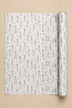 A roll of wrapping paper unrolled to show a repeating pattern of small illustrated girls in white dresses with floral details, set against a solid beige background.