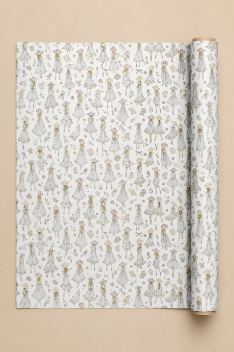 A roll of wrapping paper unrolled to show a repeating pattern of small illustrated girls in white dresses with floral details, set against a solid beige background.