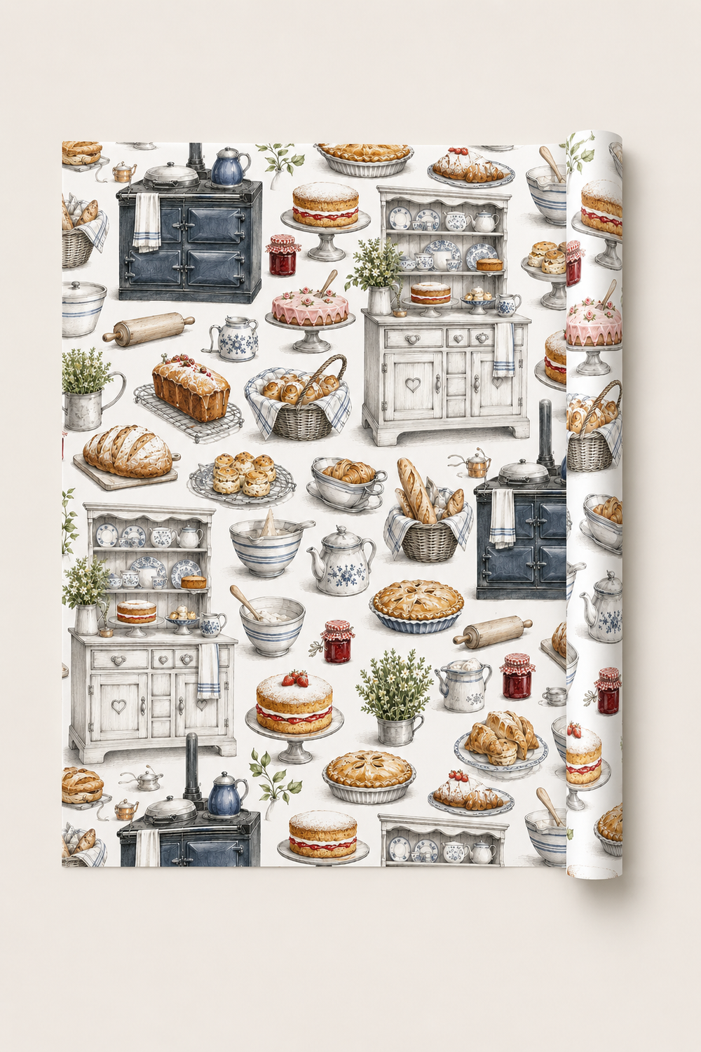 Vintage baking gift wrap featuring cakes, bread, pastries and British kitchen details.