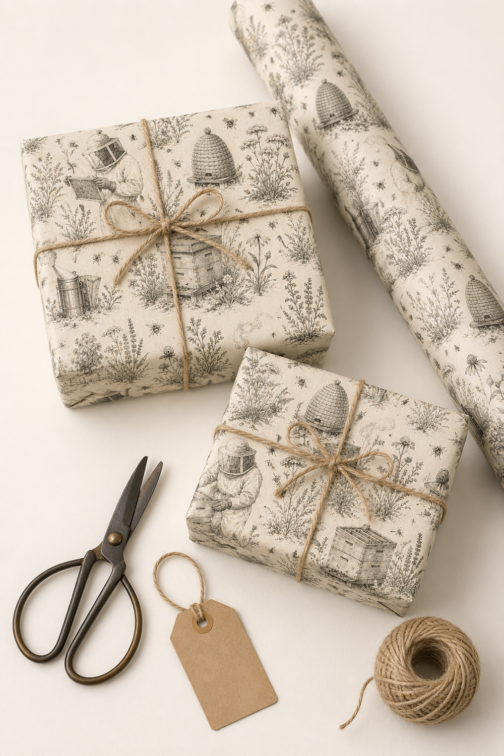 Vintage beekeeping wrapping paper with monochrome artwork and subtle colour accents.