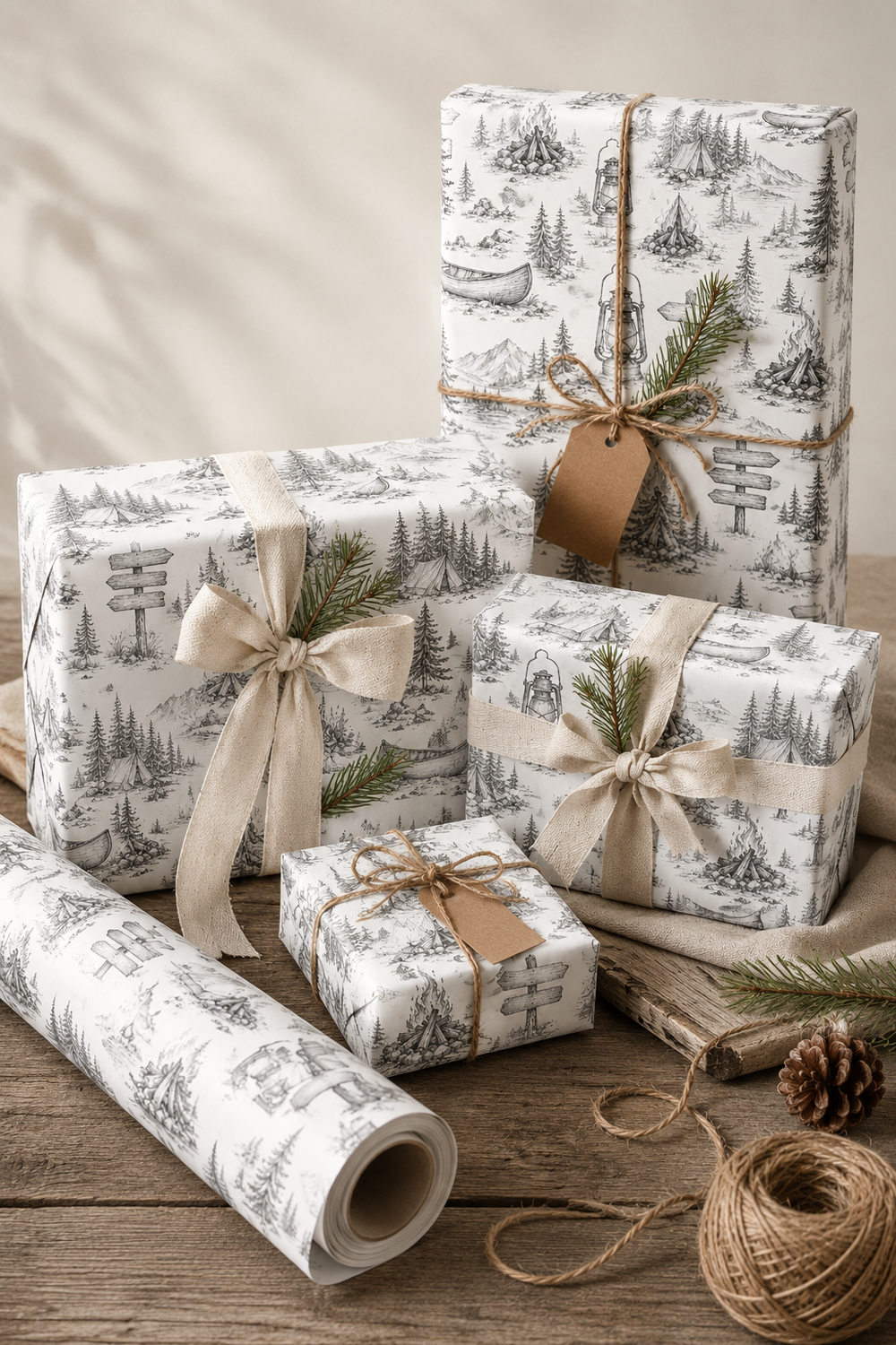 Vintage camping gift wrap with tent and outdoor scene illustration on a white background.