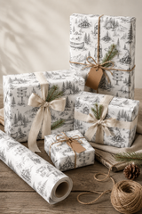 Vintage camping gift wrap with tent and outdoor scene illustration on a white background.