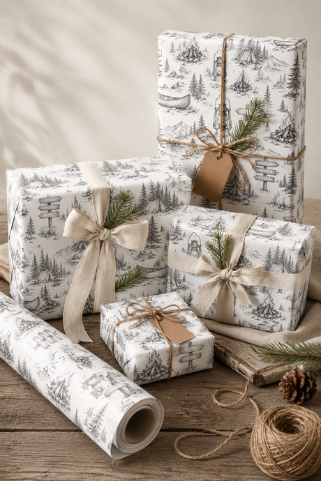 Vintage camping gift wrap with tent and outdoor scene illustration on a white background.